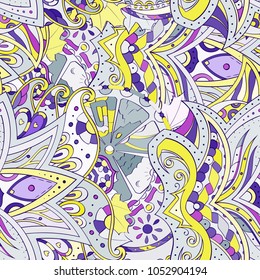 Tracery seamless pattern. Mehndi design. Ethnic colorful doodle texture. Curved doodling background. Vector