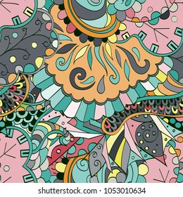 Tracery seamless pattern. Mehndi design. Ethnic colorful doodle texture. Curved doodling background. Vector