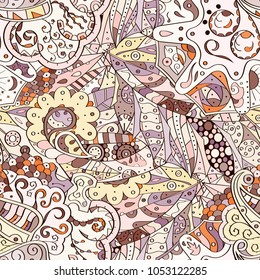 Tracery seamless pattern. Mehndi design. Ethnic colorful doodle texture. Curved doodling background. Vector