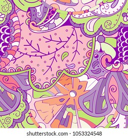Tracery seamless pattern. Mehndi design. Ethnic colorful doodle texture. Curved doodling background. Vector