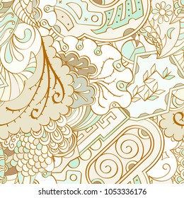 Tracery seamless pattern. Mehndi design. Ethnic colorful doodle texture. Curved doodling background. Vector