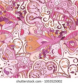 Tracery seamless pattern. Mehndi design. Ethnic colorful doodle texture. Curved doodling background. Vector