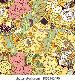 Tracery seamless pattern. Mehndi design. Ethnic colorful doodle texture. Curved doodling background. Vector