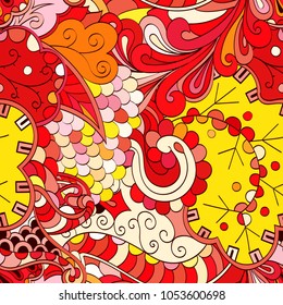 Tracery seamless pattern. Mehndi design. Ethnic colorful doodle texture. Curved doodling background. Vector