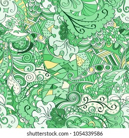 Tracery seamless pattern. Mehndi design. Ethnic colorful doodle texture. Curved doodling background. Vector