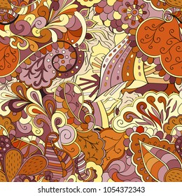 Tracery seamless pattern. Mehndi design. Ethnic colorful doodle texture. Curved doodling background. Vector