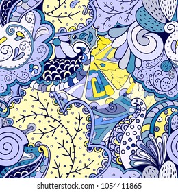 Tracery seamless pattern. Mehndi design. Ethnic colorful doodle texture. Curved doodling background. Vector
