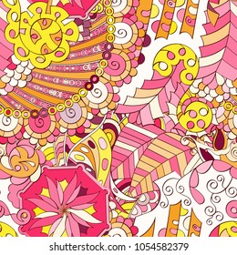 Tracery seamless pattern. Mehndi design. Ethnic colorful doodle texture. Curved doodling background. Vector