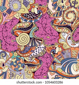 Tracery seamless pattern. Mehndi design. Ethnic colorful doodle texture. Curved doodling background. Vector