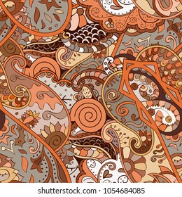 Tracery seamless pattern. Mehndi design. Ethnic colorful doodle texture. Curved doodling background. Vector
