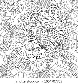 Tracery seamless pattern. Mehndi design. Ethnic monochrome binary doodle texture. Curved doodling black and white background. Vector