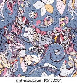 Tracery seamless pattern. Mehndi design. Ethnic colorful doodle texture. Curved doodling background. Vector