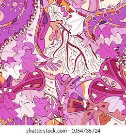 Tracery seamless pattern. Mehndi design. Ethnic colorful doodle texture. Curved doodling background. Vector
