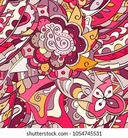 Tracery seamless pattern. Mehndi design. Ethnic colorful doodle texture. Curved doodling background. Vector