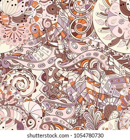 Tracery seamless pattern. Mehndi design. Ethnic colorful doodle texture. Curved doodling background. Vector