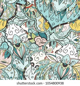 Tracery seamless pattern. Mehndi design. Ethnic colorful doodle texture. Curved doodling background. Vector