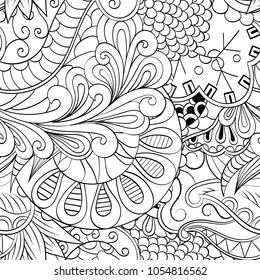Tracery seamless pattern. Mehndi design. Ethnic monochrome binary doodle texture. Curved doodling black and white background. Vector