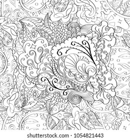 Tracery seamless pattern. Mehndi design. Ethnic monochrome binary doodle texture. Curved doodling black and white background. Vector