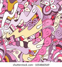 Tracery seamless pattern. Mehndi design. Ethnic colorful doodle texture. Curved doodling background. Vector