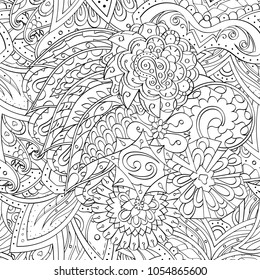 Tracery seamless pattern. Mehndi design. Ethnic monochrome binary doodle texture. Curved doodling black and white background. Vector