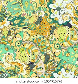 Tracery seamless pattern. Mehndi design. Ethnic colorful doodle texture. Curved doodling background. Vector