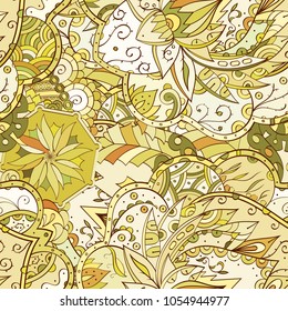 Tracery seamless pattern. Mehndi design. Ethnic colorful doodle texture. Curved doodling background. Vector
