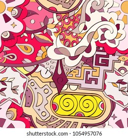 Tracery seamless pattern. Mehndi design. Ethnic colorful doodle texture. Curved doodling background. Vector