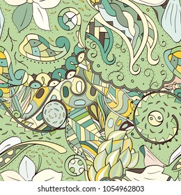 Tracery seamless pattern. Mehndi design. Ethnic colorful doodle texture. Curved doodling background. Vector