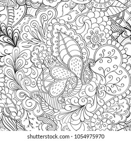 Tracery seamless pattern. Mehndi design. Ethnic monochrome binary doodle texture. Curved doodling black and white background. Vector