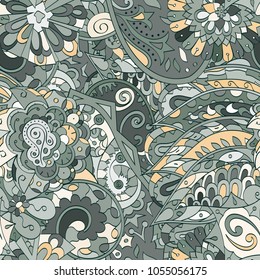 Tracery seamless pattern. Mehndi design. Ethnic colorful doodle texture. Curved doodling background. Vector