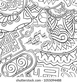 Tracery seamless pattern. Mehndi design. Ethnic monochrome binary doodle texture. Curved doodling black and white background. Vector