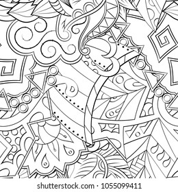 Tracery seamless pattern. Mehndi design. Ethnic monochrome binary doodle texture. Curved doodling black and white background. Vector