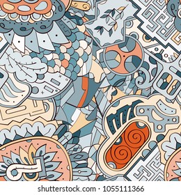 Tracery seamless pattern. Mehndi design. Ethnic colorful doodle texture. Curved doodling background. Vector