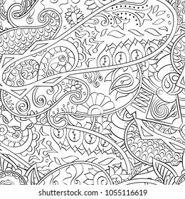 Tracery seamless pattern. Mehndi design. Ethnic monochrome binary doodle texture. Curved doodling black and white background. Vector