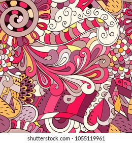 Tracery seamless pattern. Mehndi design. Ethnic colorful doodle texture. Curved doodling background. Vector
