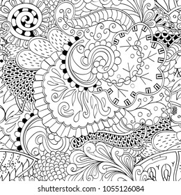 Tracery seamless pattern. Mehndi design. Ethnic monochrome binary doodle texture. Curved doodling black and white background. Vector