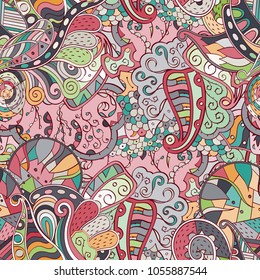 Tracery seamless pattern. Mehndi design. Ethnic colorful doodle texture. Curved doodling background. Vector