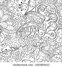 Tracery seamless pattern. Mehndi design. Ethnic monochrome binary doodle texture. Curved doodling black and white background. Vector