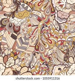 Tracery seamless pattern. Mehndi design. Ethnic colorful doodle texture. Curved doodling background. Vector