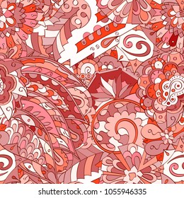 Tracery seamless pattern. Mehndi design. Ethnic colorful doodle texture. Curved doodling background. Vector