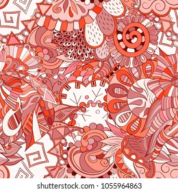 Tracery seamless pattern. Mehndi design. Ethnic colorful doodle texture. Curved doodling background. Vector