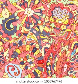 Tracery seamless pattern. Mehndi design. Ethnic colorful doodle texture. Curved doodling background. Vector