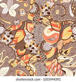 Tracery seamless pattern. Mehndi design. Ethnic colorful doodle texture. Curved doodling background. Vector