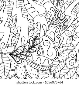 Tracery seamless pattern. Mehndi design. Ethnic monochrome binary doodle texture. Curved doodling black and white background. Vector