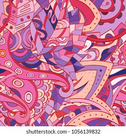 Tracery seamless pattern. Mehndi design. Ethnic colorful doodle texture. Curved doodling background. Vector