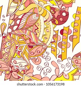Tracery seamless pattern. Mehndi design. Ethnic colorful doodle texture. Curved doodling background. Vector