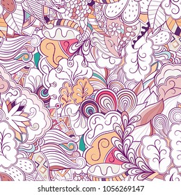 Tracery seamless pattern. Mehndi design. Ethnic colorful doodle texture. Curved doodling background. Vector