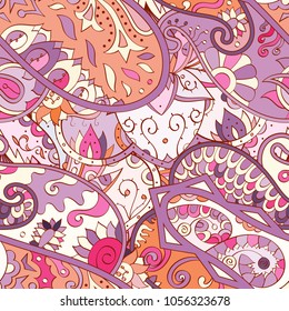 Tracery seamless pattern. Mehndi design. Ethnic colorful doodle texture. Curved doodling background. Vector