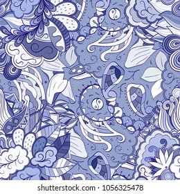 Tracery seamless pattern. Mehndi design. Ethnic colorful doodle texture. Curved doodling background. Vector