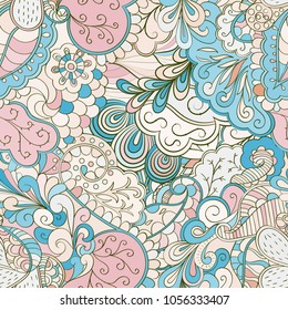 Tracery seamless pattern. Mehndi design. Ethnic colorful doodle texture. Curved doodling background. Vector
